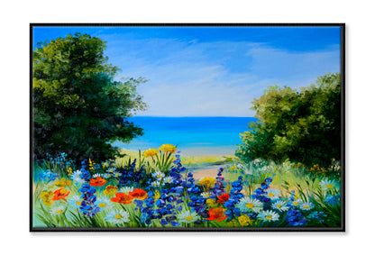 Field Near The Sea, Wild Flowers Oil Painting Wall Art Limited Edition High Quality Print Canvas Box Framed Black