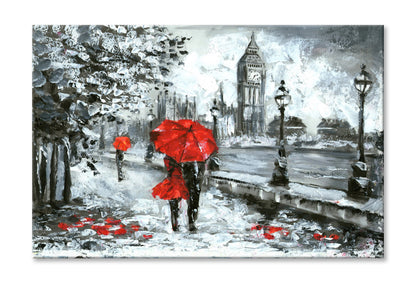 Red Umbrella Couple & Big Ben B&W Oil Painting Wall Art Limited Edition High Quality Print Stretched Canvas None