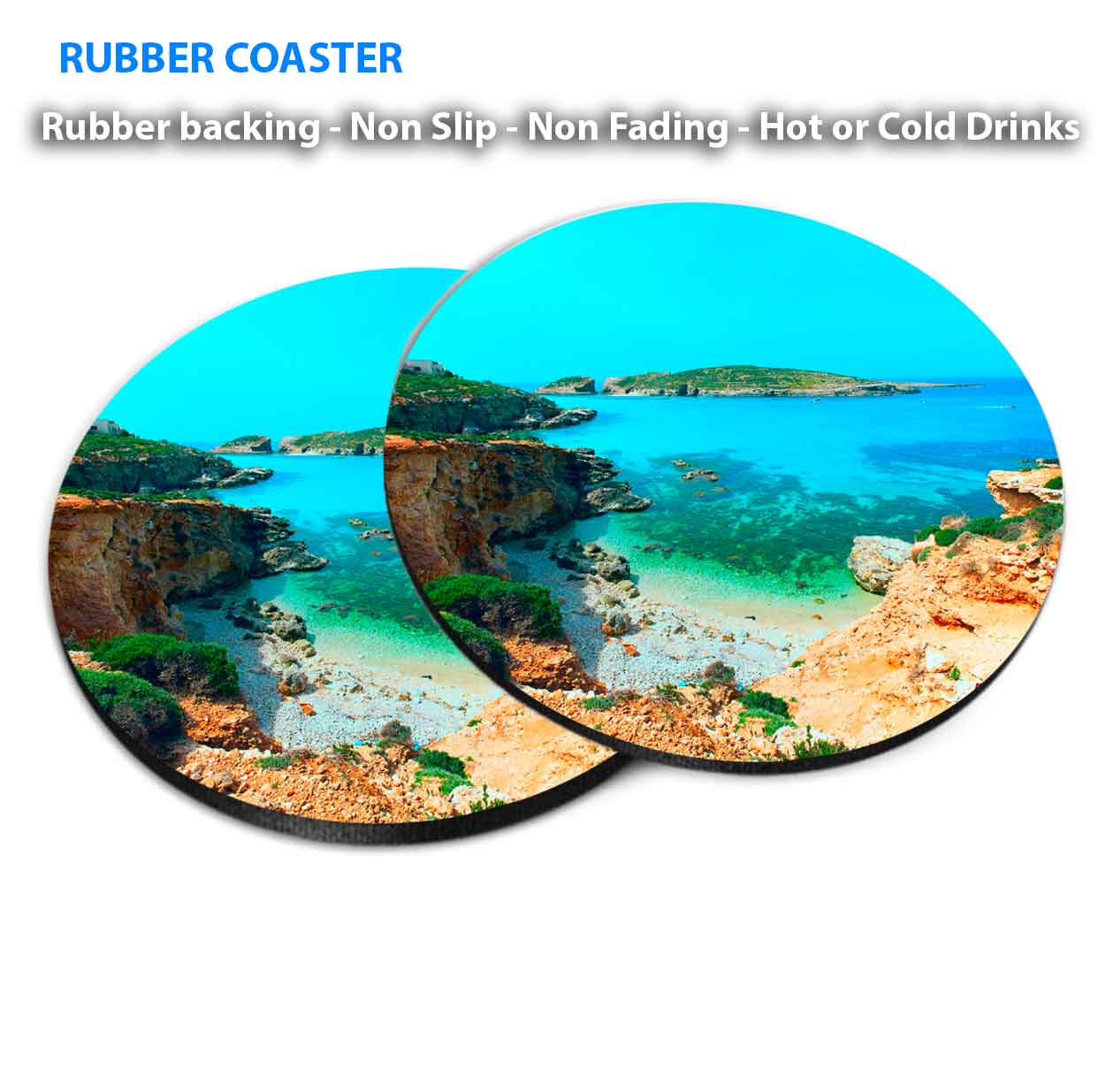 Blue Lagoon Comino Island Malta Gozo Coasters Wood & Rubber - Set of 6 Coasters