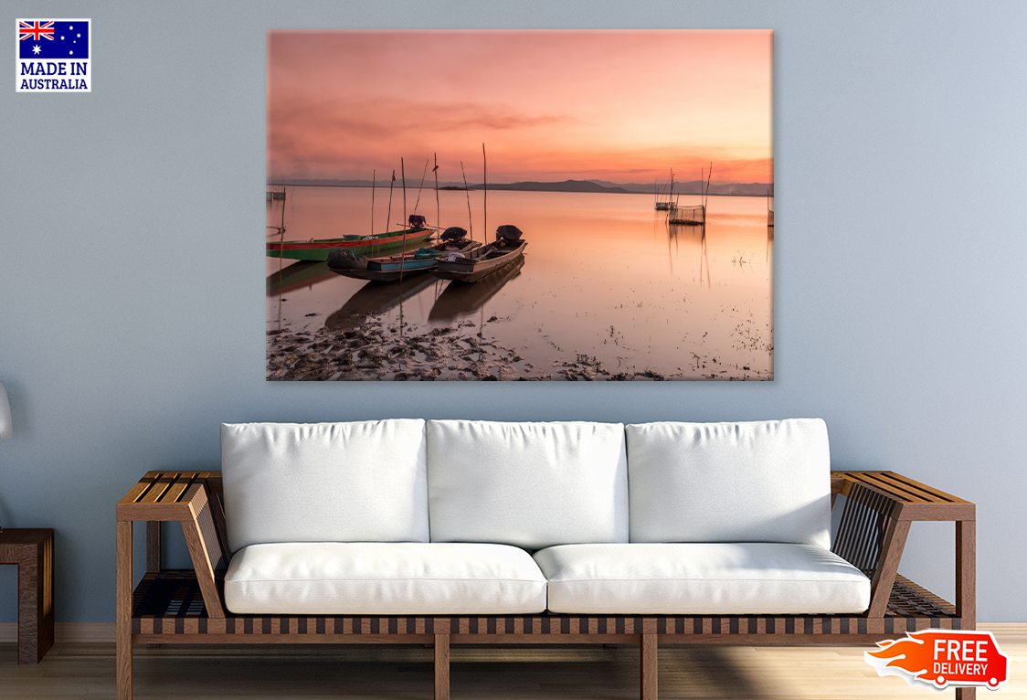 Boats On Lake Sunset Sky View Print 100% Australian Made