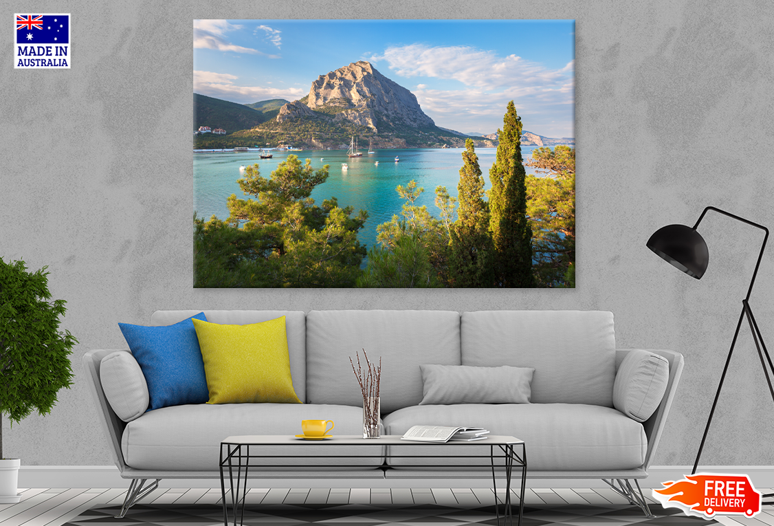 Boat & Rock On Sea Cloudy View Print 100% Australian Made