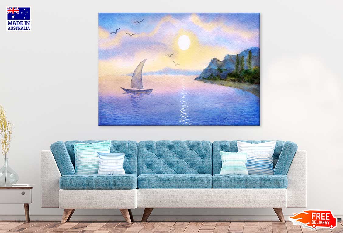 Sailboat on Sea & Sunset Oil Painting Print 100% Australian Made