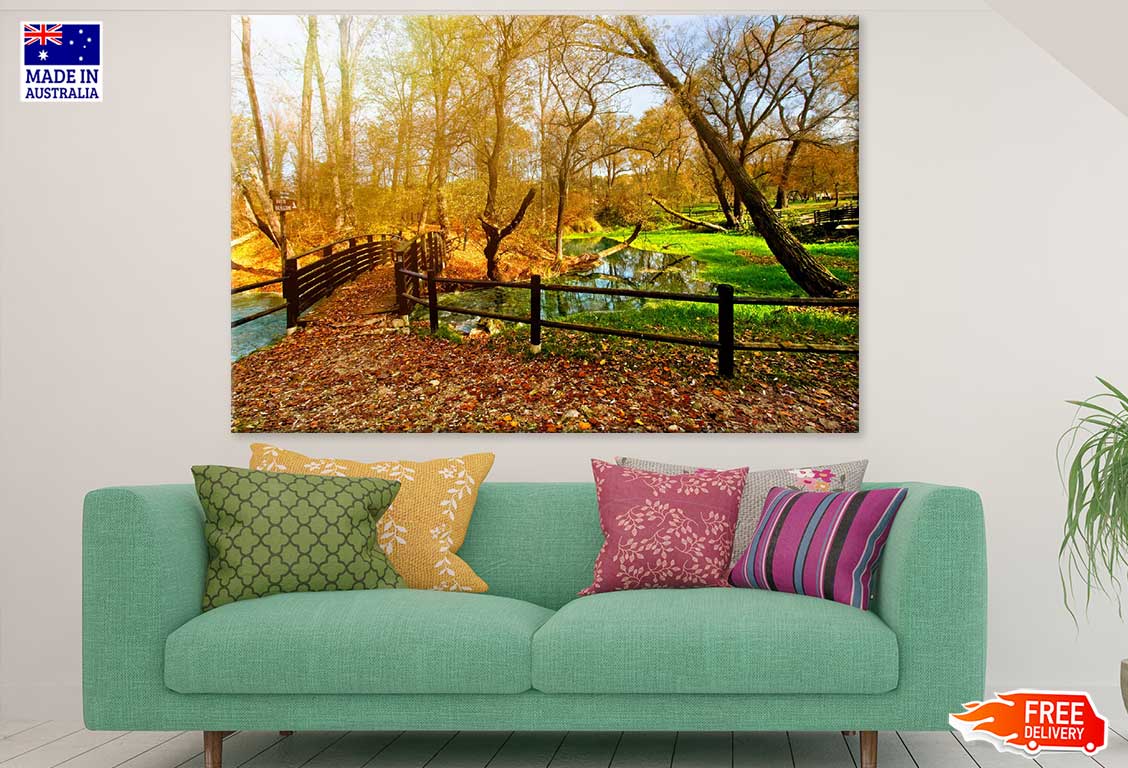 Bridge Over River in Autumn Tree Park Photograph Print 100% Australian Made