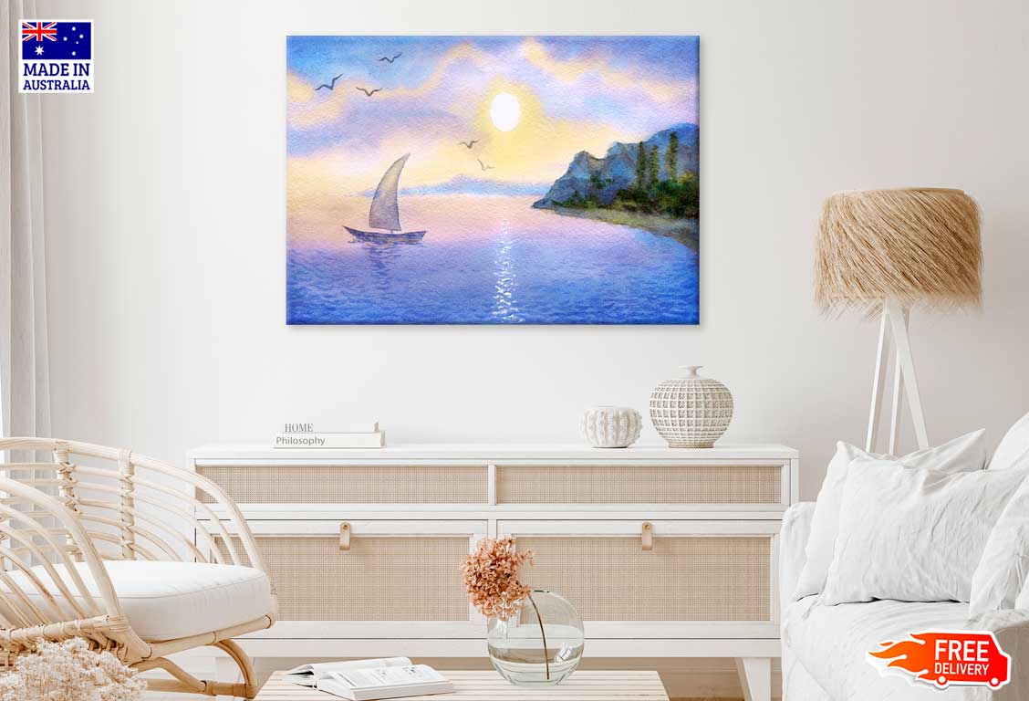 Sailboat on Sea & Sunset Oil Painting Print 100% Australian Made