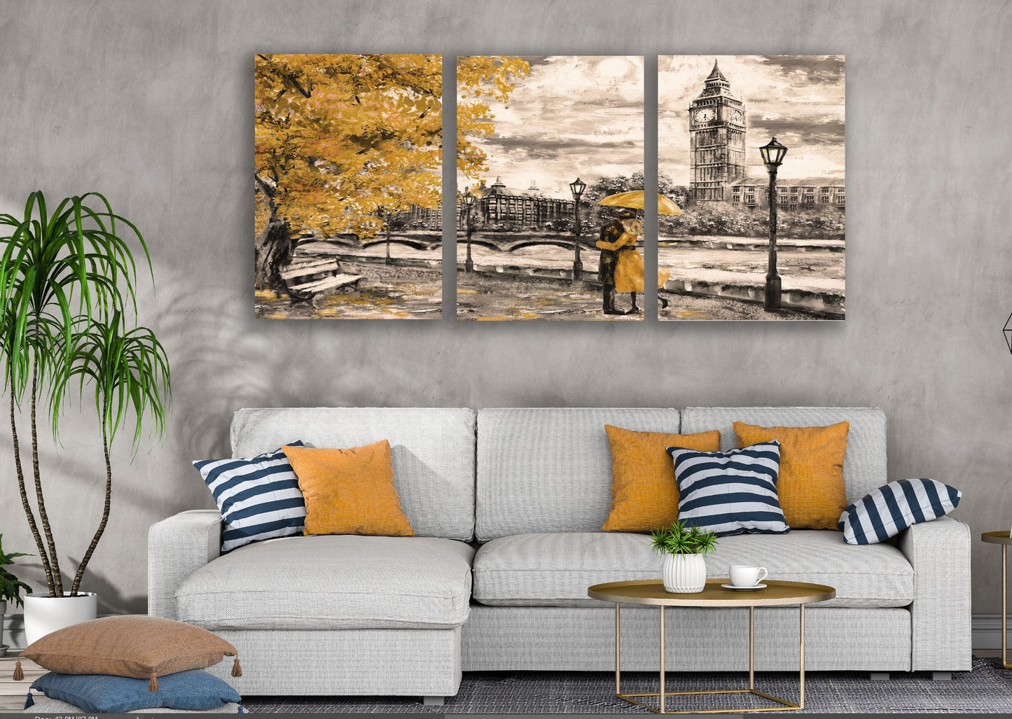 3 Set of Couple in London City Yellow & B&W Painting High Quality Print 100% Australian Made Wall Canvas Ready to Hang