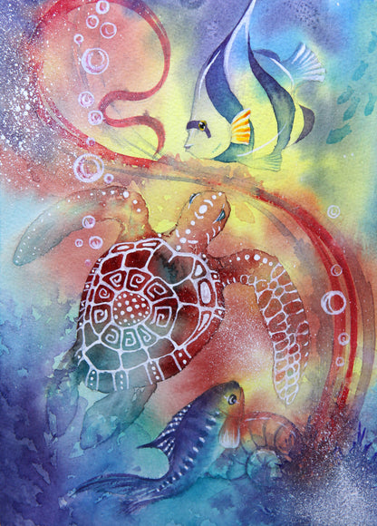 Fish & Tortoise Abstract Watercolor Painting Print 100% Australian Made