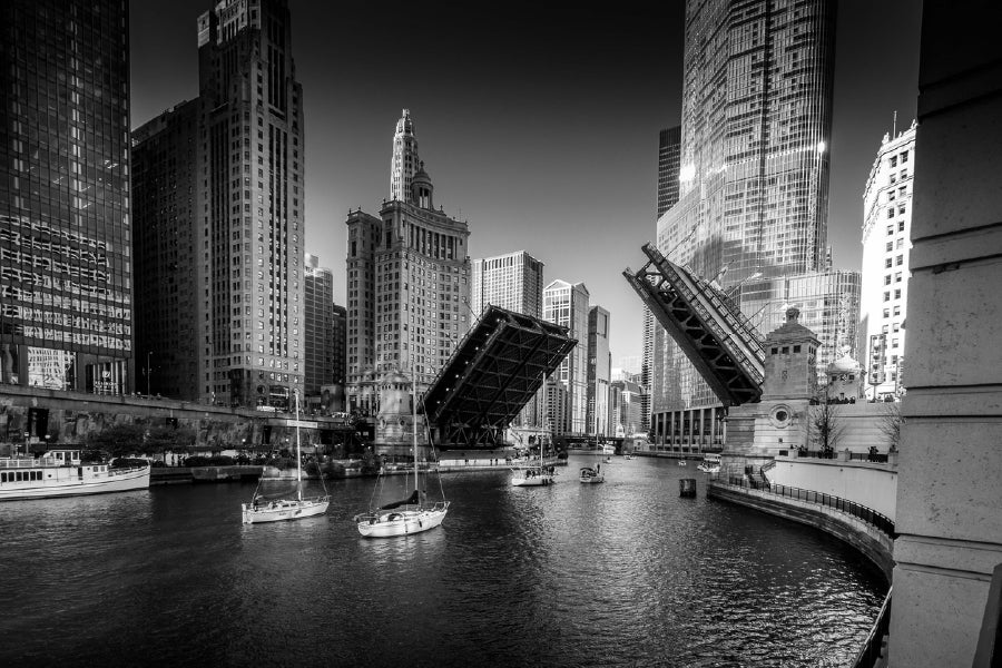 Chicago Riverwalk & City B&W View Photograph Print 100% Australian Made