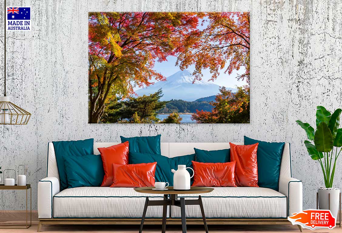 Fuji Winter Mountain & Autumn Tree Scenery Photograph Print 100% Australian Made