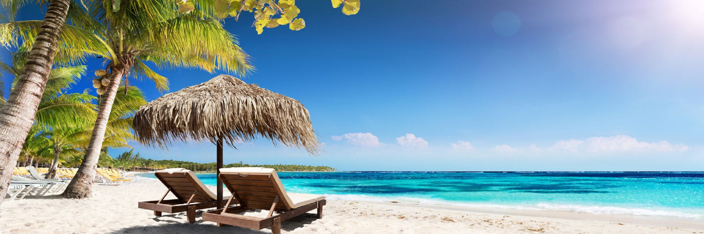 Panoramic Canvas Umbrella & Chairs on SeaShore Photograph High Quality 100% Australian Made Wall Canvas Print Ready to Hang