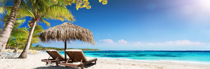 Panoramic Canvas Umbrella & Chairs on SeaShore Photograph High Quality 100% Australian Made Wall Canvas Print Ready to Hang
