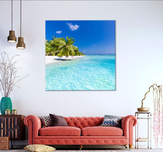 Square Canvas Palm Tree Near Blue Sea View Photograph High Quality Print 100% Australian Made