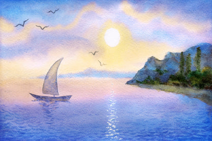 Sailboat on Sea & Sunset Oil Painting Print 100% Australian Made