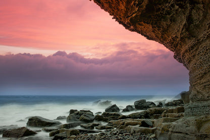 Beach Rock Coast Pink Sunset View Photograph Print 100% Australian Made