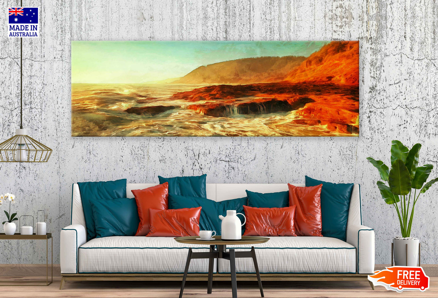 Panoramic Canvas Sea Waves Rocks Painting High Quality 100% Australian Made Wall Canvas Print Ready to Hang