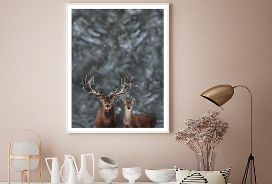 Deers In Forest & Winter View Photograph Home Decor Premium Quality Poster Print Choose Your Sizes