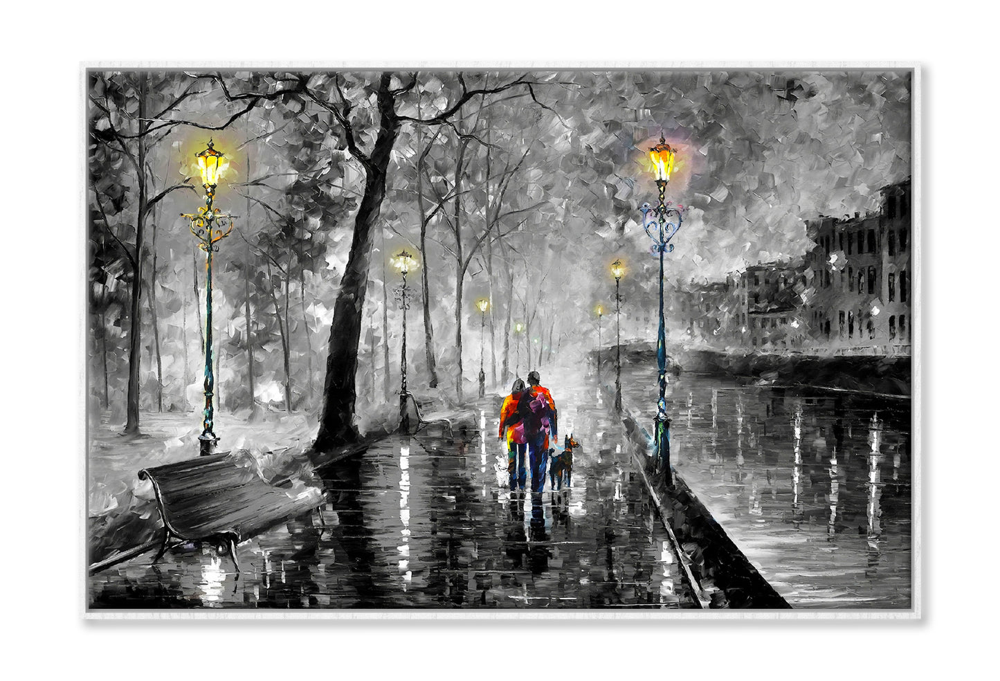 Couple with Dog Walking on B&W Street Night Watercolor Wall Art Limited Edition High Quality Print Canvas Box Framed White