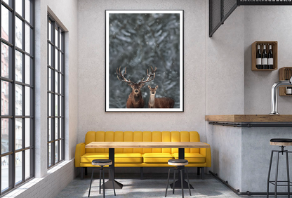 Deers In Forest & Winter View Photograph Home Decor Premium Quality Poster Print Choose Your Sizes