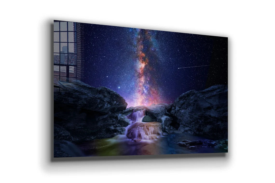 Waterfall Milkyway Sky Print Tempered Glass Wall Art 100% Made in Australia Ready to Hang