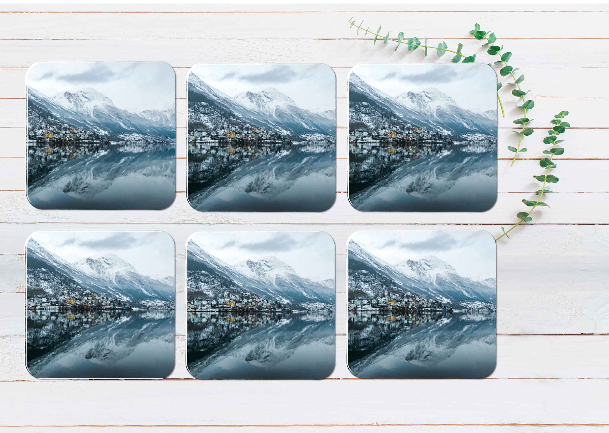 Norway Lake With Snow Coasters Wood & Rubber - Set of 6 Coasters