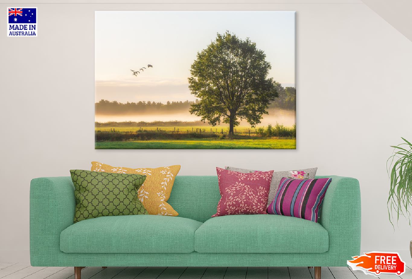 Big Tree on Green Grass Field View Photograph Print 100% Australian Made