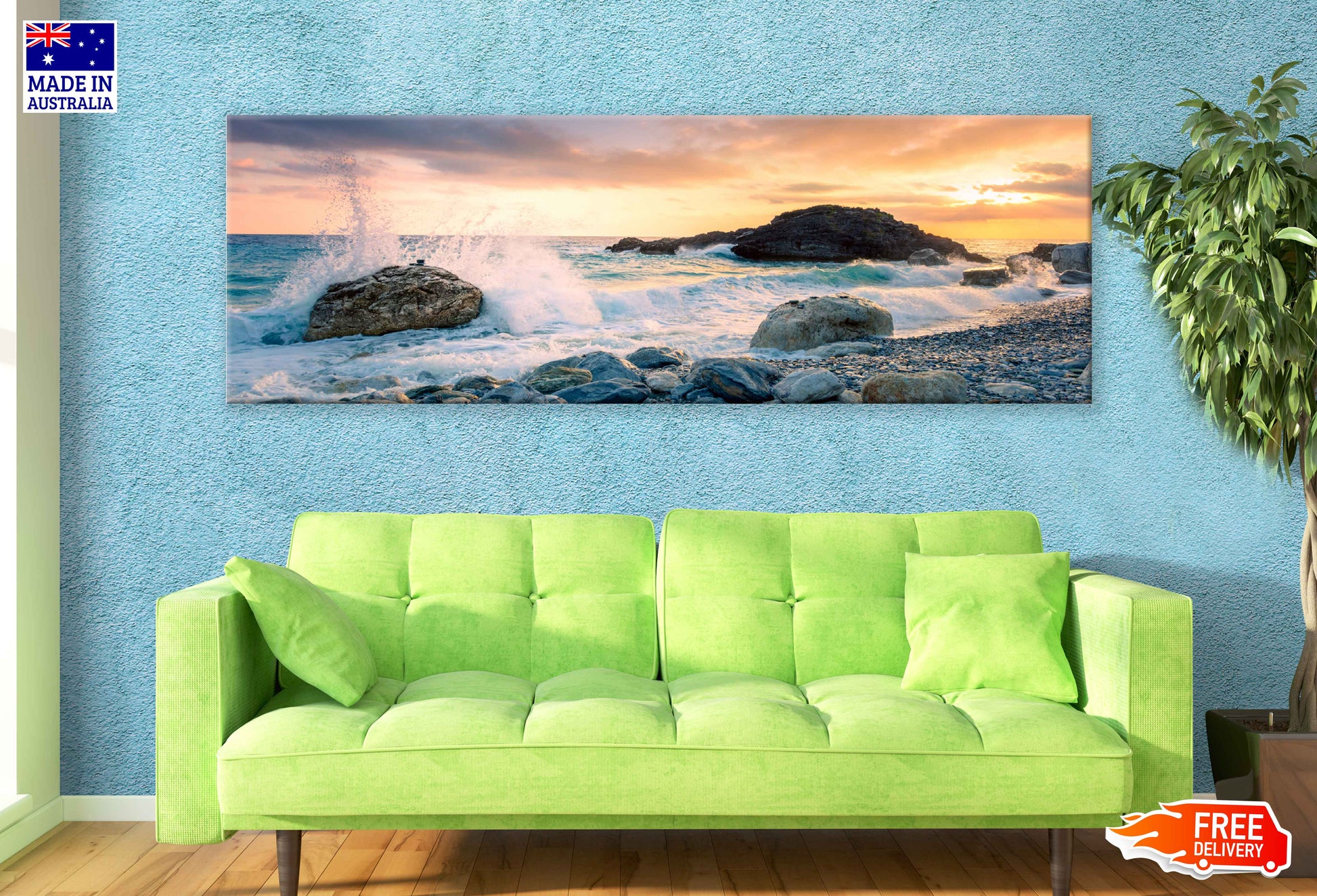 Panoramic Canvas Sea Waves on Stone View Photograph High Quality 100% Australian Made Wall Canvas Print Ready to Hang