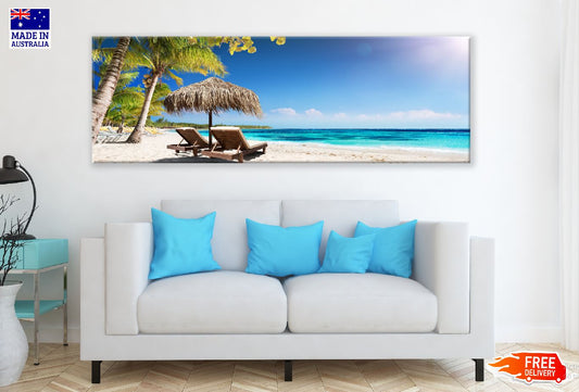 Panoramic Canvas Umbrella & Chairs on SeaShore Photograph High Quality 100% Australian Made Wall Canvas Print Ready to Hang