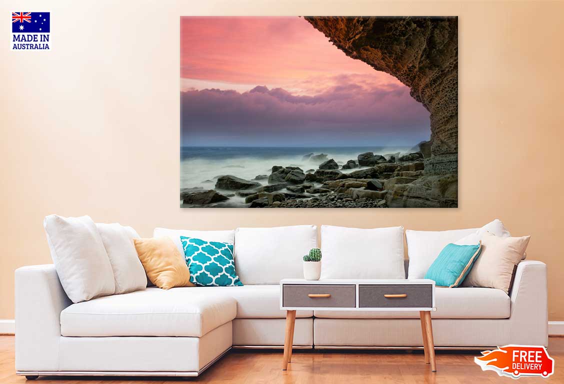 Beach Rock Coast Pink Sunset View Photograph Print 100% Australian Made