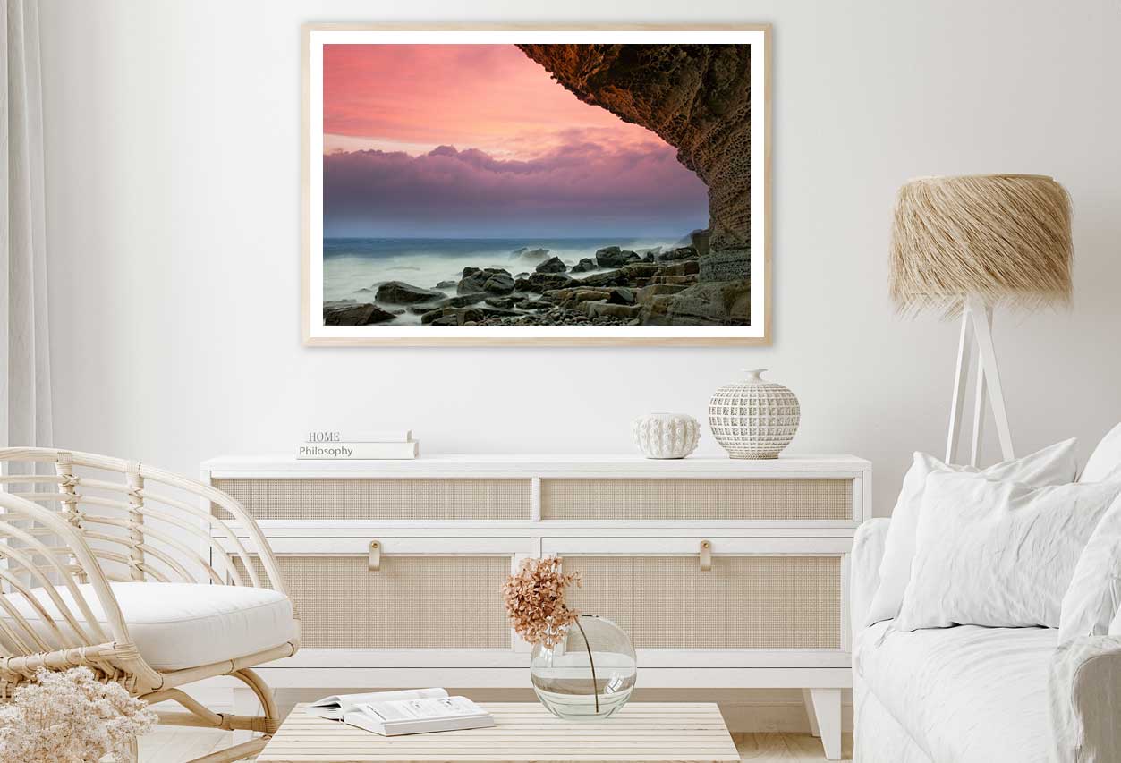 Beach Rock Coast Pink Sunset View Photograph Home Decor Premium Quality Poster Print Choose Your Sizes