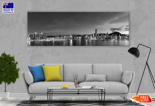 Panoramic Canvas Victoria Harbor B&W View Photograph High Quality 100% Australian Made Wall Canvas Print Ready to Hang