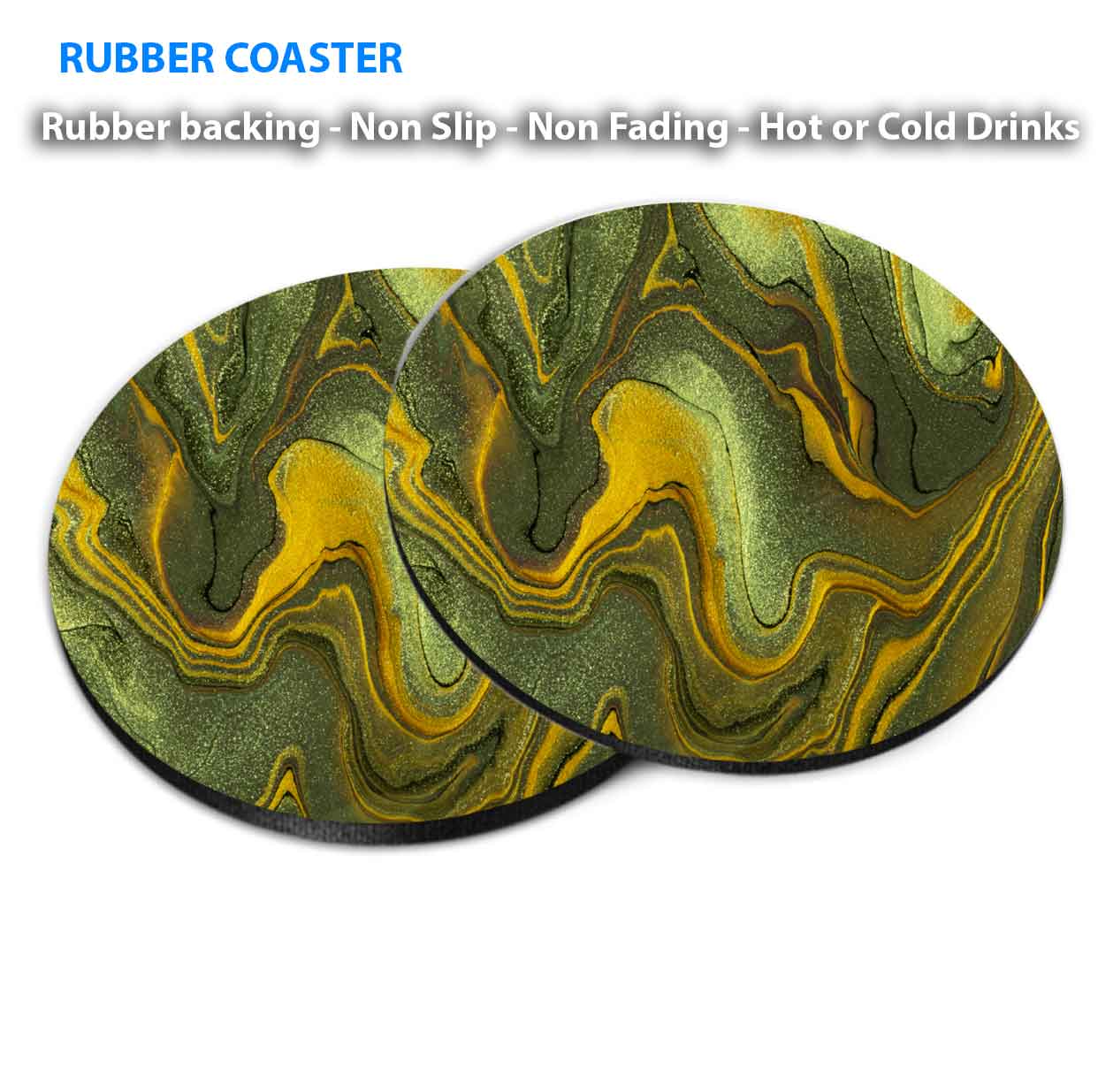 Green Yellow Gold Splash Abstract Coasters Wood & Rubber - Set of 6 Coasters