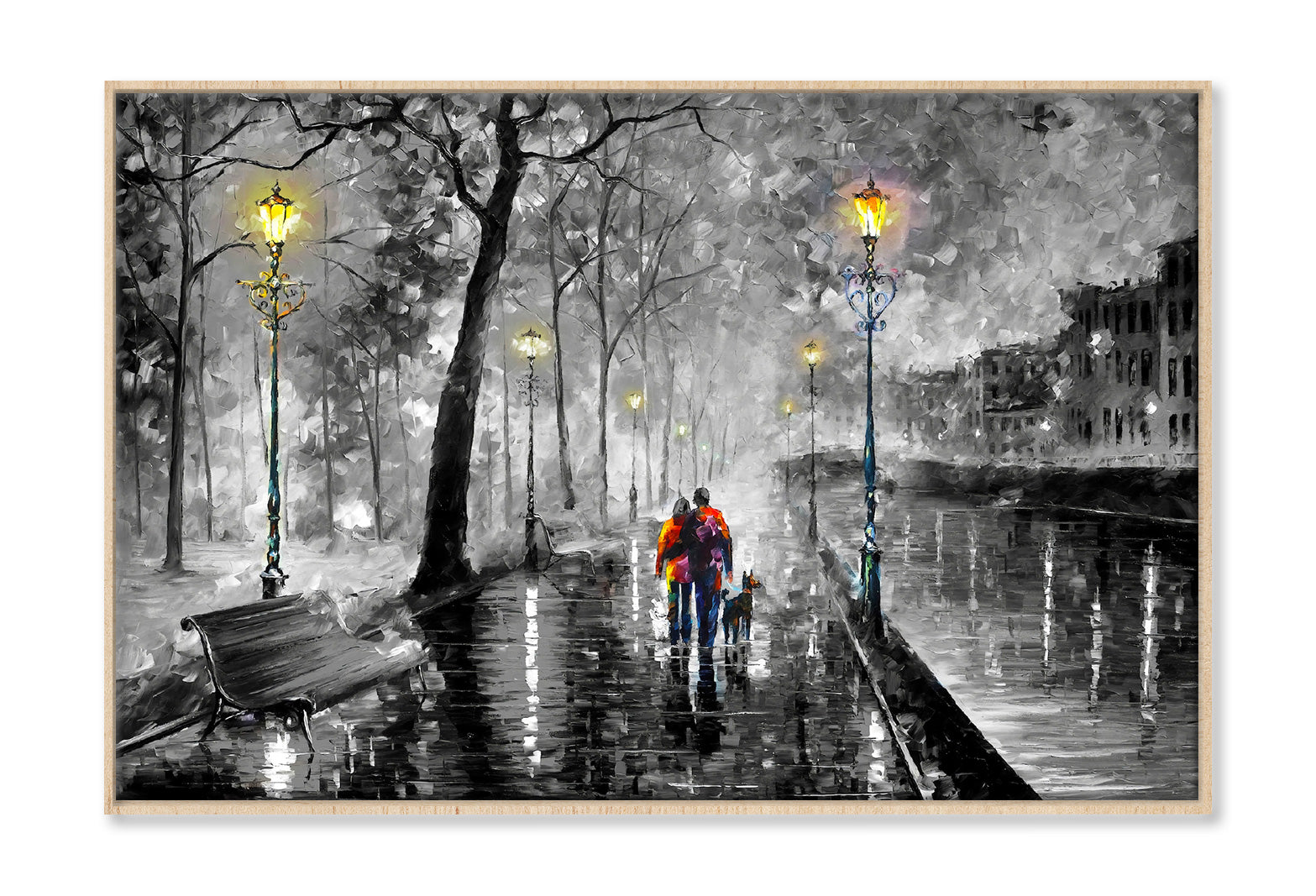 Couple with Dog Walking on B&W Street Night Watercolor Wall Art Limited Edition High Quality Print Canvas Box Framed Natural