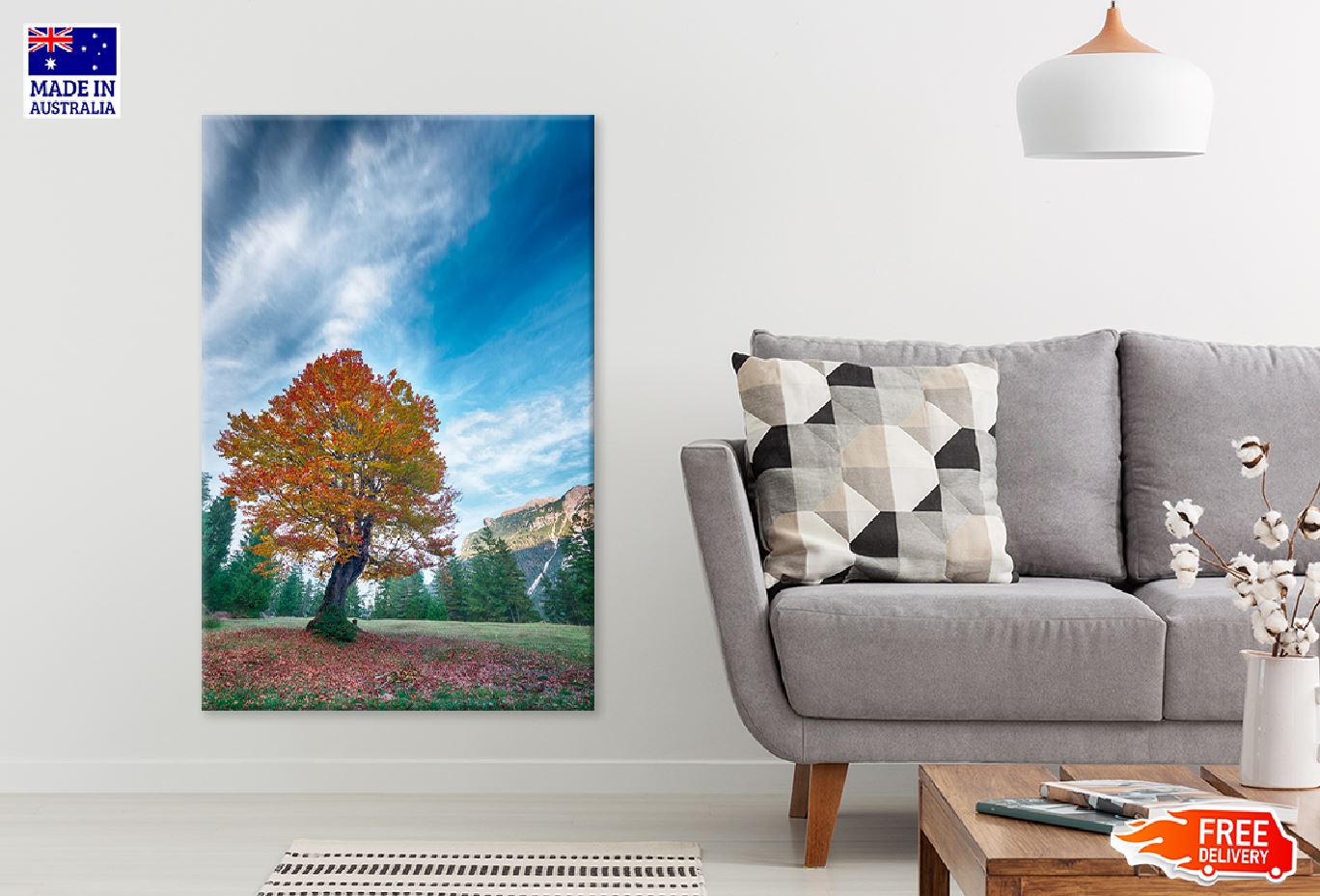 Red Orange Autumn Tree on Meadow Photograph Print 100% Australian Made