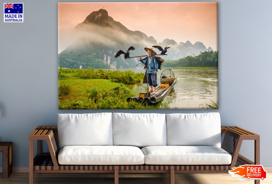 Villager in River with Mountain View Scenery Photograph Print 100% Australian Made