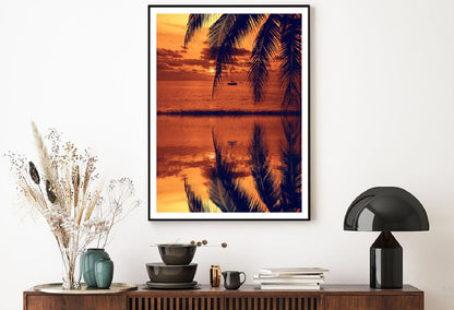 Sea Sunset Palm Leaves & Boat View Photograph Home Decor Premium Quality Poster Print Choose Your Sizes