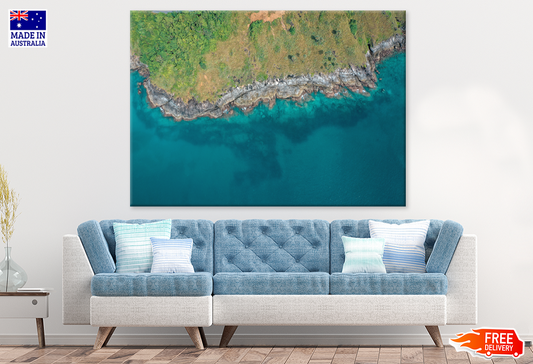 Mountain Rocks & Sea Aerial View Print 100% Australian Made