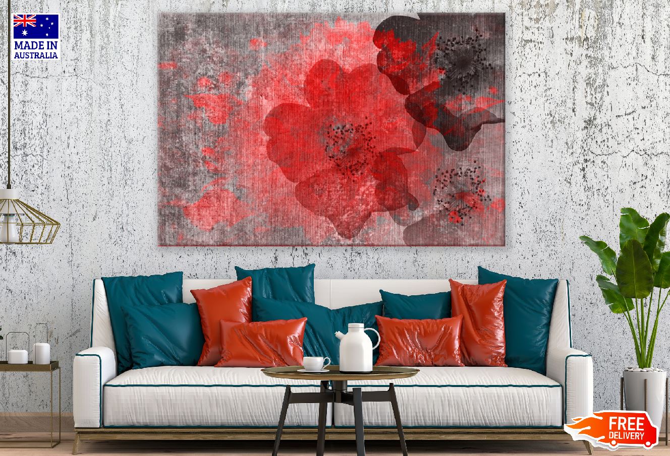 Red & Black Flowers Abstract Design Print 100% Australian Made