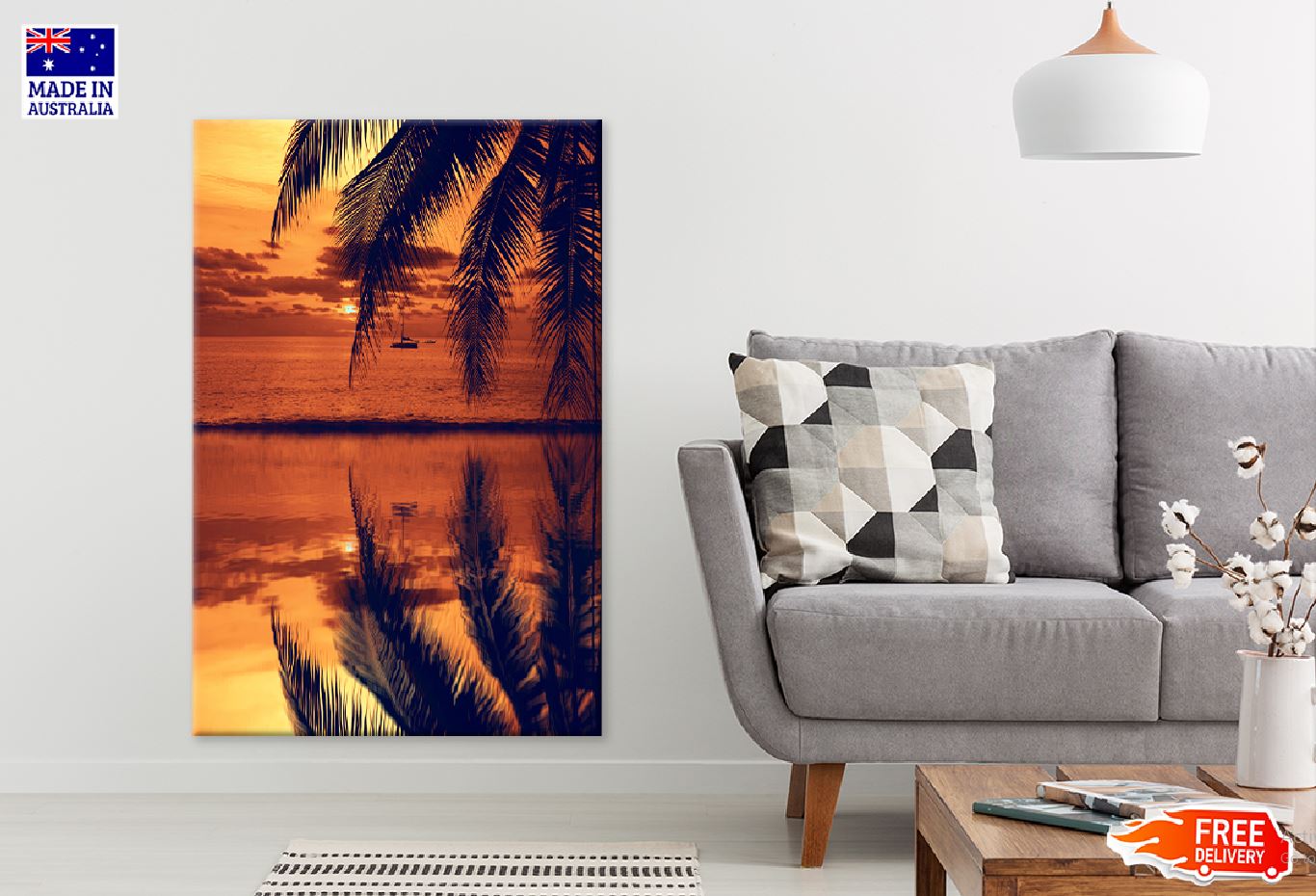 Sea Sunset Palm Leaves & Boat Photograph Print 100% Australian Made