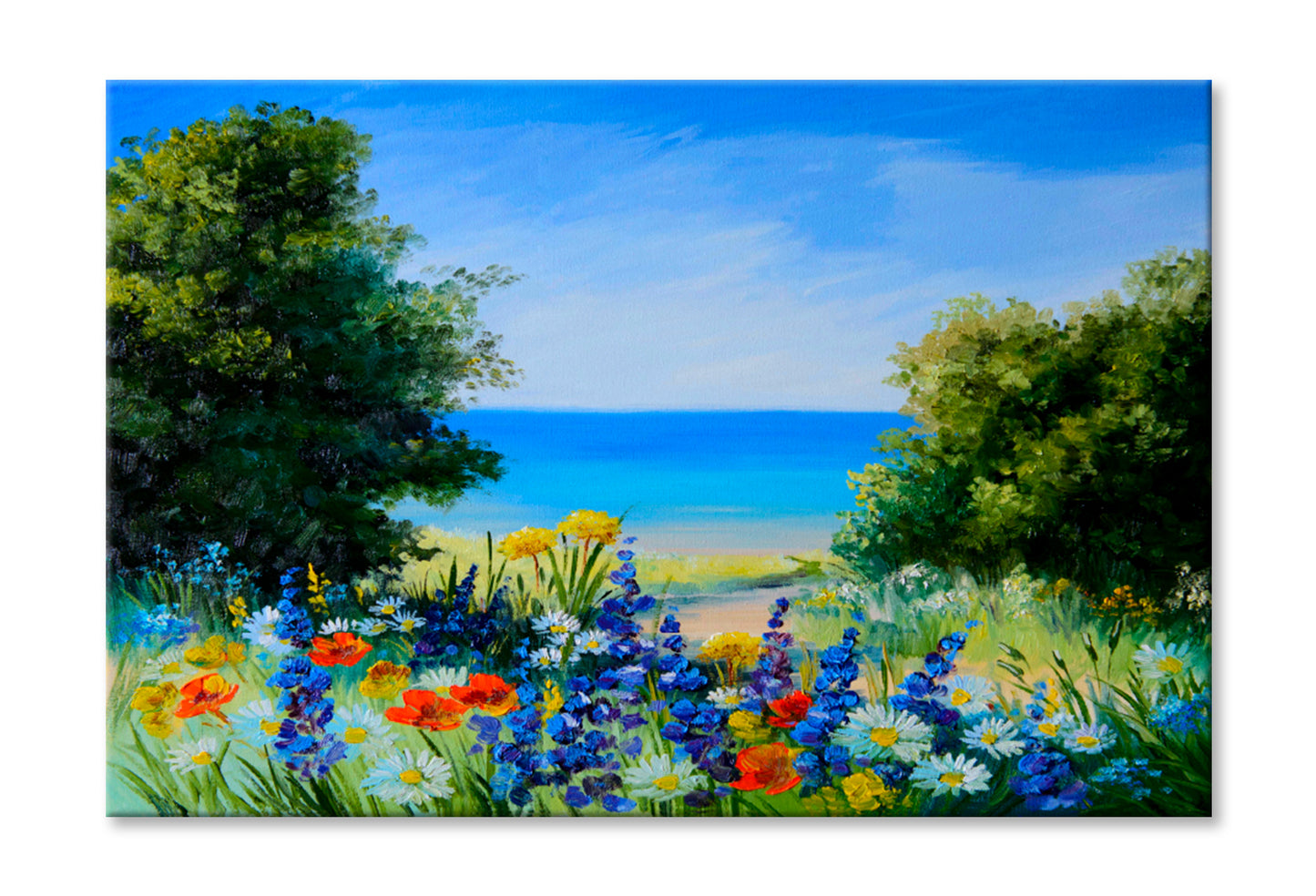 Field Near The Sea, Wild Flowers Oil Painting Wall Art Limited Edition High Quality Print Stretched Canvas None