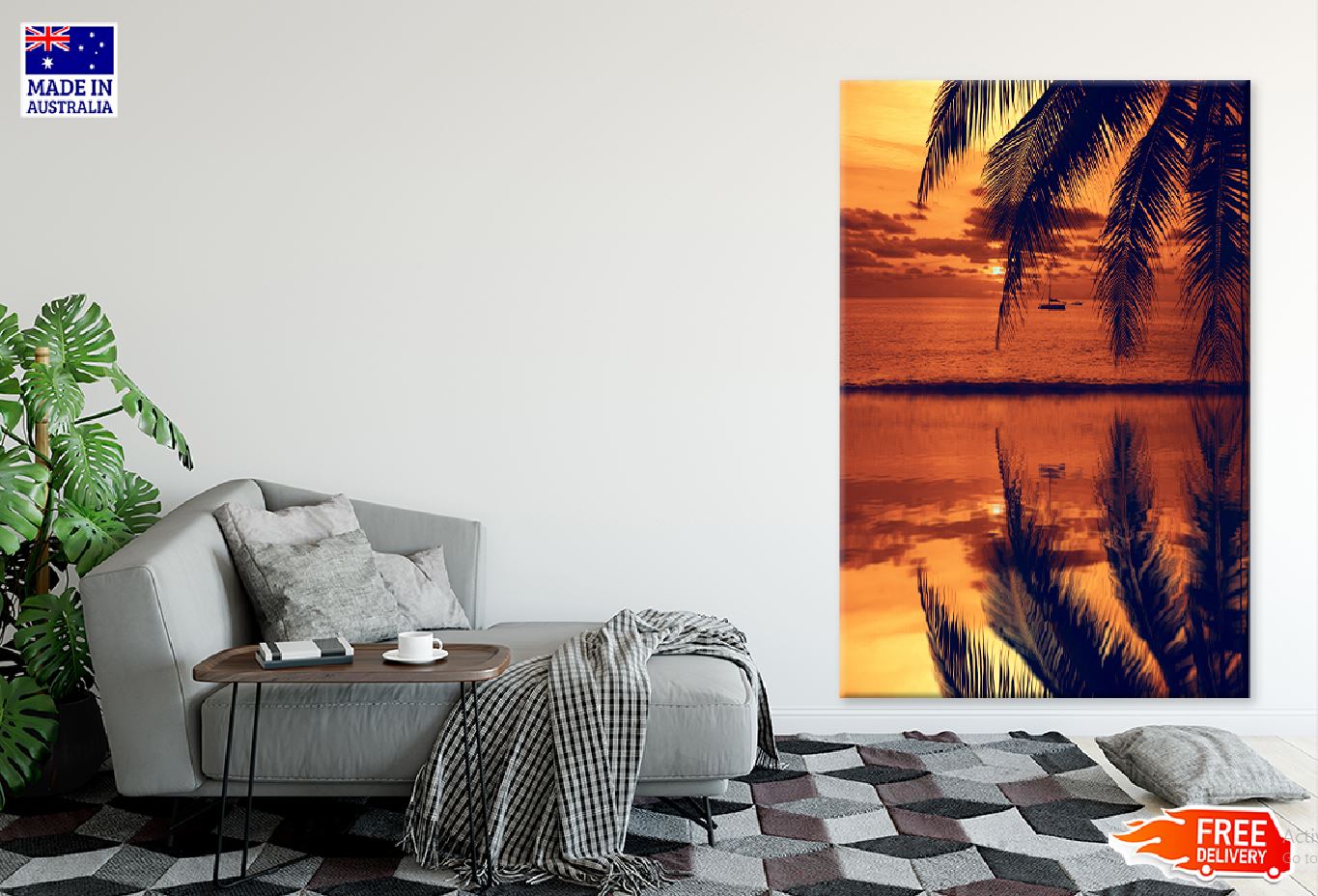 Sea Sunset Palm Leaves & Boat Photograph Print 100% Australian Made