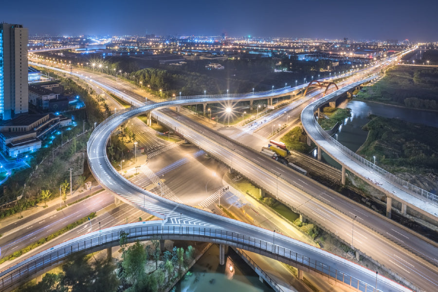 Shanghai Highways Night Aerial Photograph Print 100% Australian Made