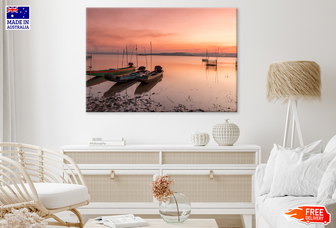 Boats On Lake Sunset Sky View Print 100% Australian Made