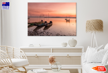 Boats On Lake Sunset Sky View Print 100% Australian Made