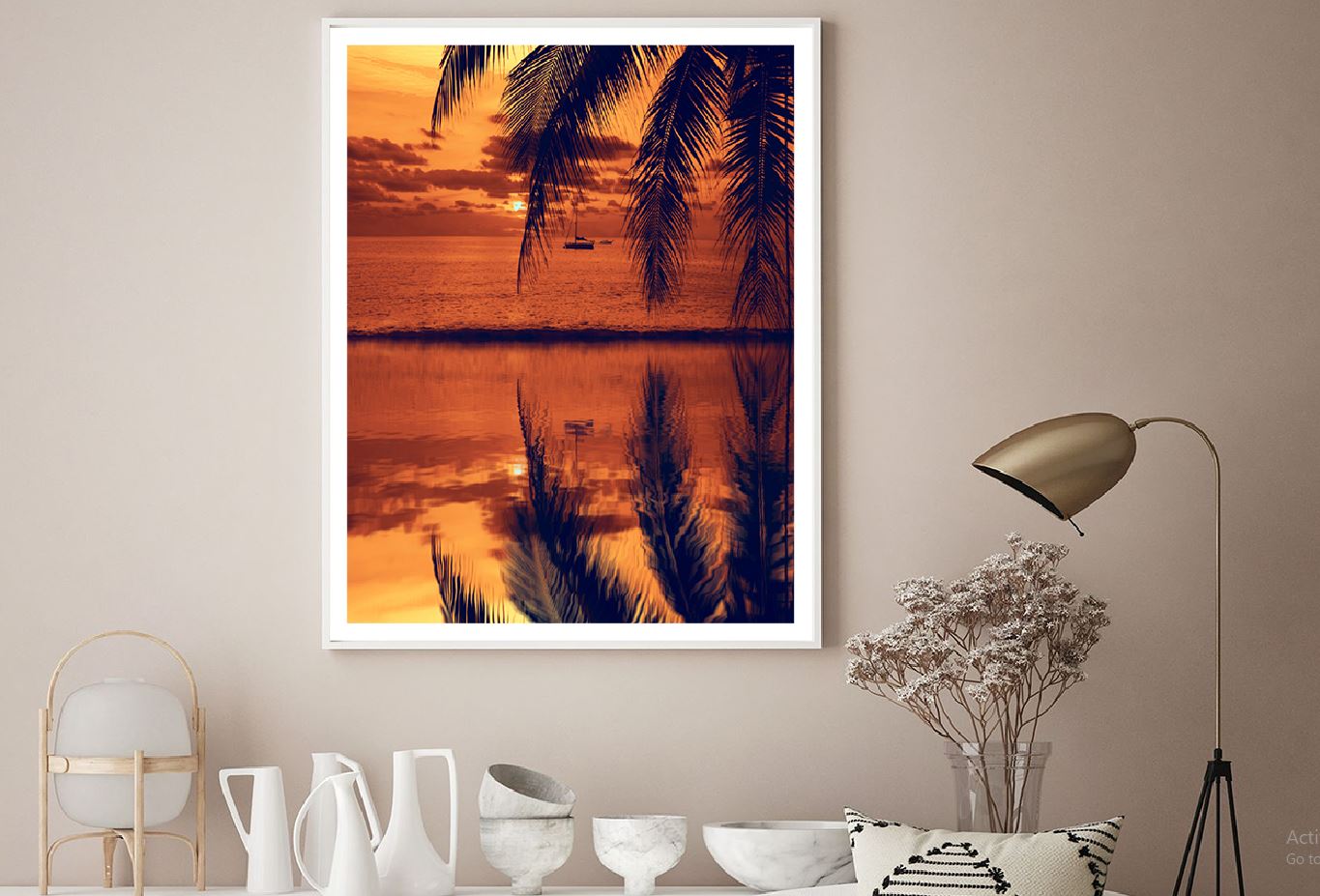 Sea Sunset Palm Leaves & Boat View Photograph Home Decor Premium Quality Poster Print Choose Your Sizes