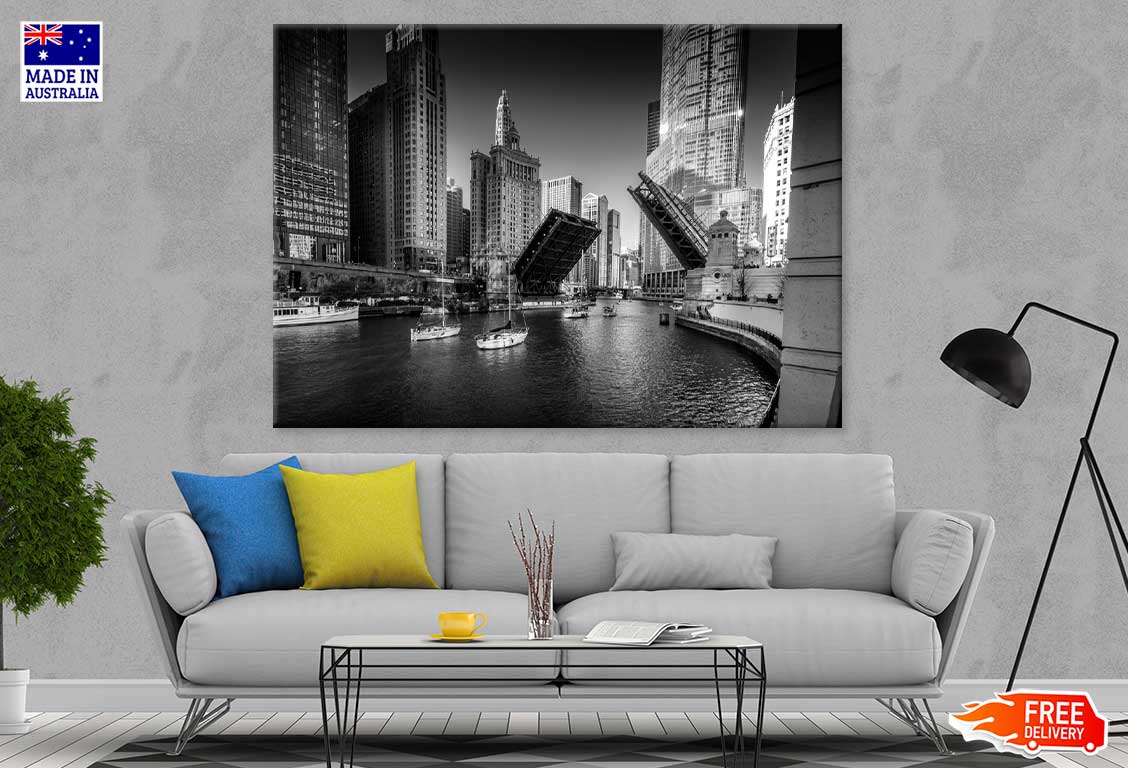 Chicago Riverwalk & City B&W View Photograph Print 100% Australian Made