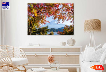 Fuji Winter Mountain & Autumn Tree Scenery Photograph Print 100% Australian Made