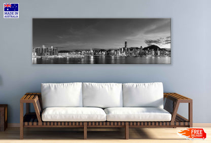 Panoramic Canvas Victoria Harbor B&W View Photograph High Quality 100% Australian Made Wall Canvas Print Ready to Hang