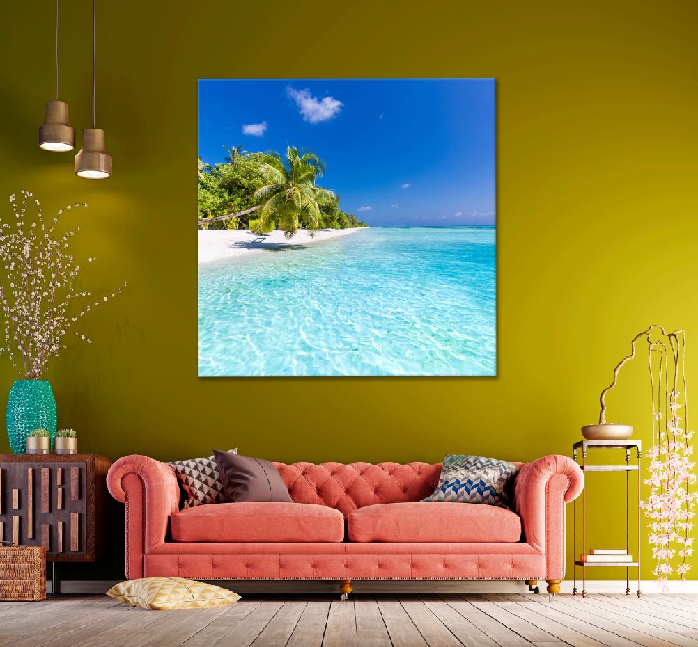 Square Canvas Palm Tree Near Blue Sea View Photograph High Quality Print 100% Australian Made