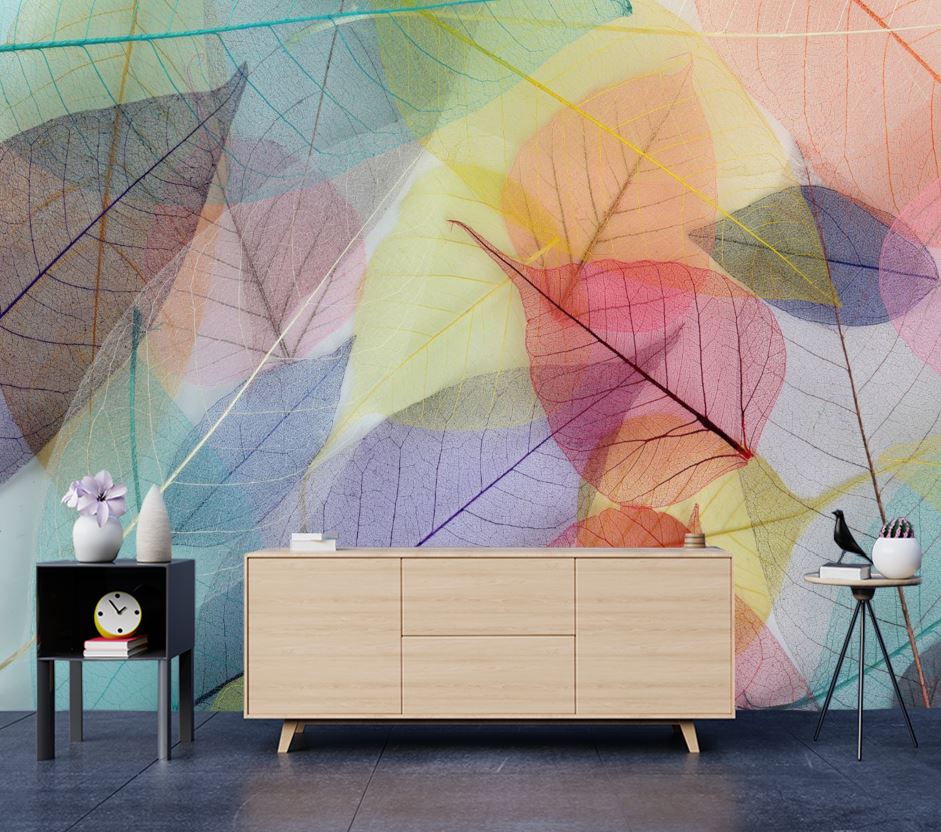 Wallpaper Murals Peel and Stick Removable Colorful Transparent Leaves Design High Quality