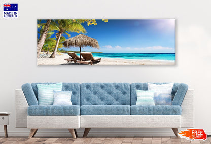Panoramic Canvas Umbrella & Chairs on SeaShore Photograph High Quality 100% Australian Made Wall Canvas Print Ready to Hang
