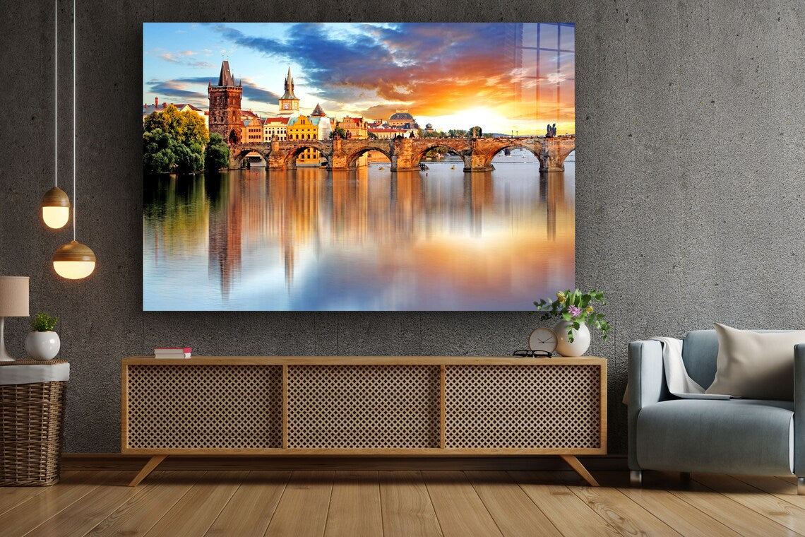 Bridge & City Sunset Print Tempered Glass Wall Art 100% Made in Australia Ready to Hang